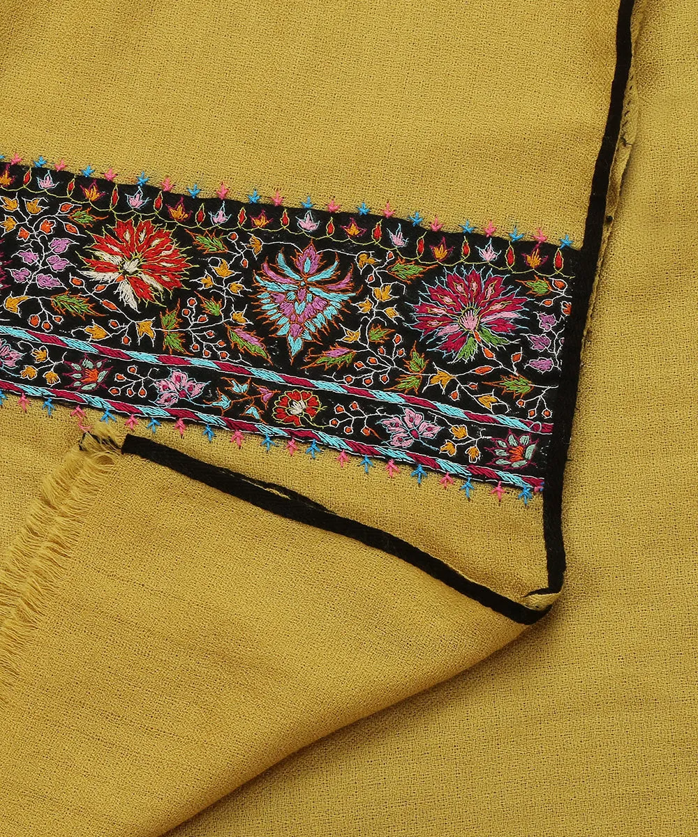 Handwoven Yellow Pure Pashmina Stole With Hand Appliqued Kashidakari Border