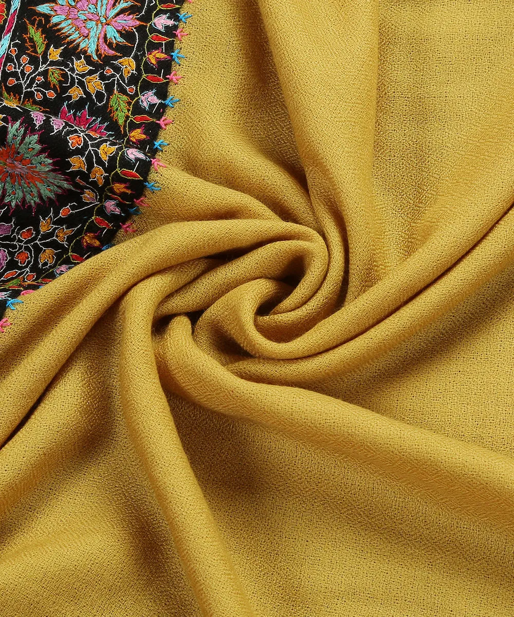 Handwoven Yellow Pure Pashmina Stole With Hand Appliqued Kashidakari Border