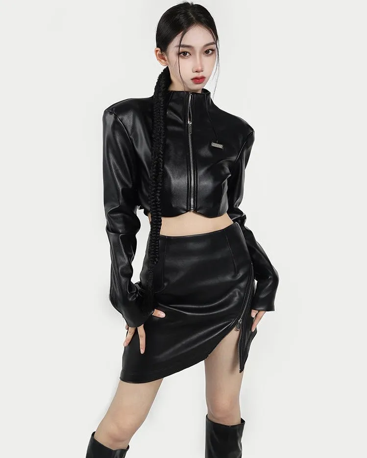 Kierra Solid Color Cropped Turtleneck Jacket Side Zip Up Slit Mini Skirt Matching Set