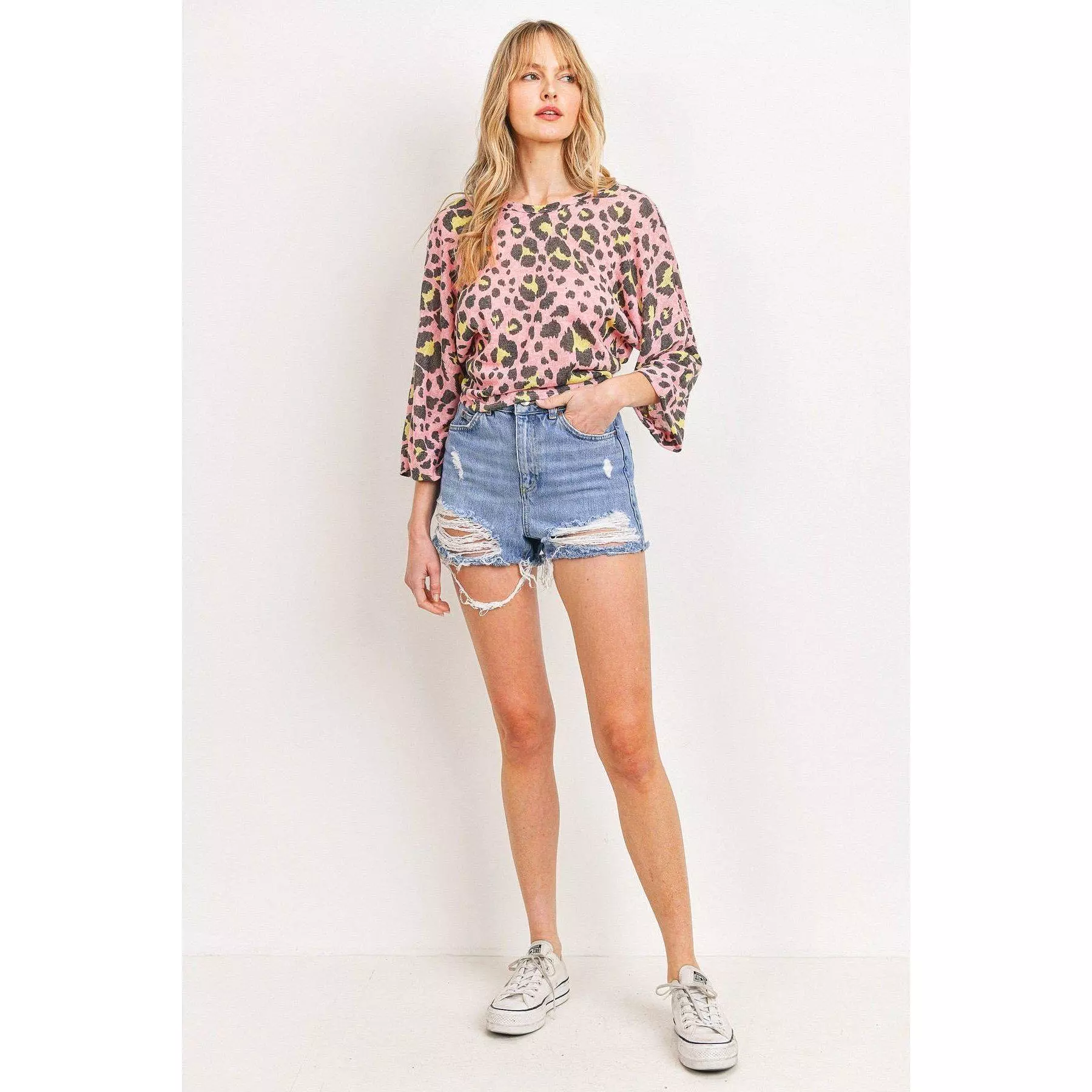 Leopard Knit Back Opened Short Sleeve Top