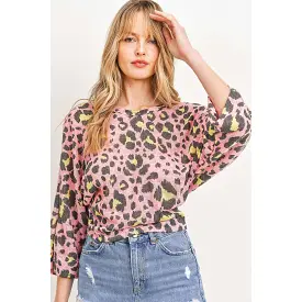 Leopard Knit Back Opened Short Sleeve Top