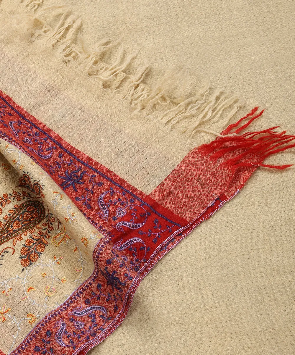 Light Yellow Handwoven Pure Pashmina Stole With Kalamkari And Soznikari