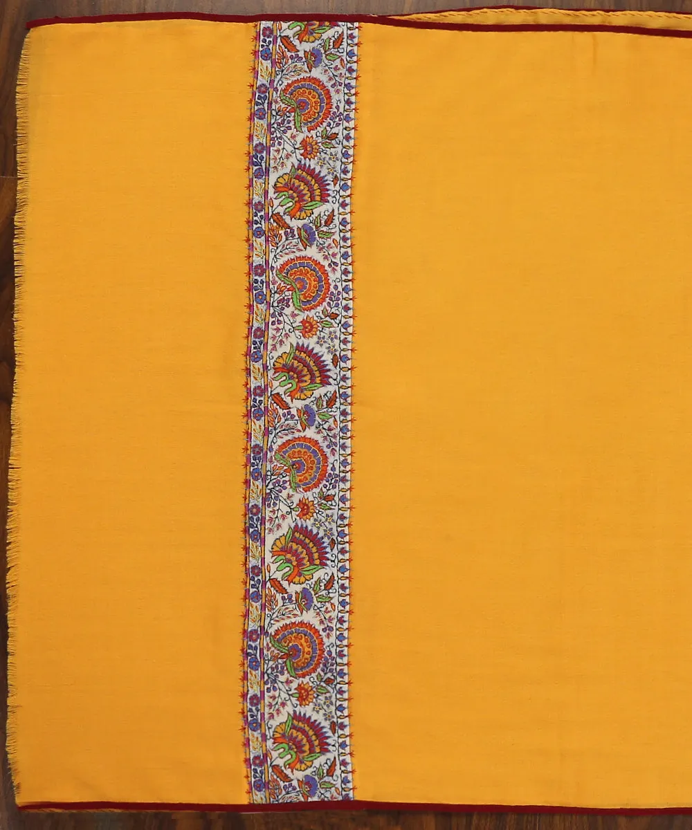 Mango Yellow Handwoven Pure Pashmina Stole With Hand Appliqued Kashidakari Border