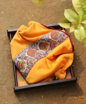 Mango Yellow Handwoven Pure Pashmina Stole With Hand Appliqued Kashidakari Border