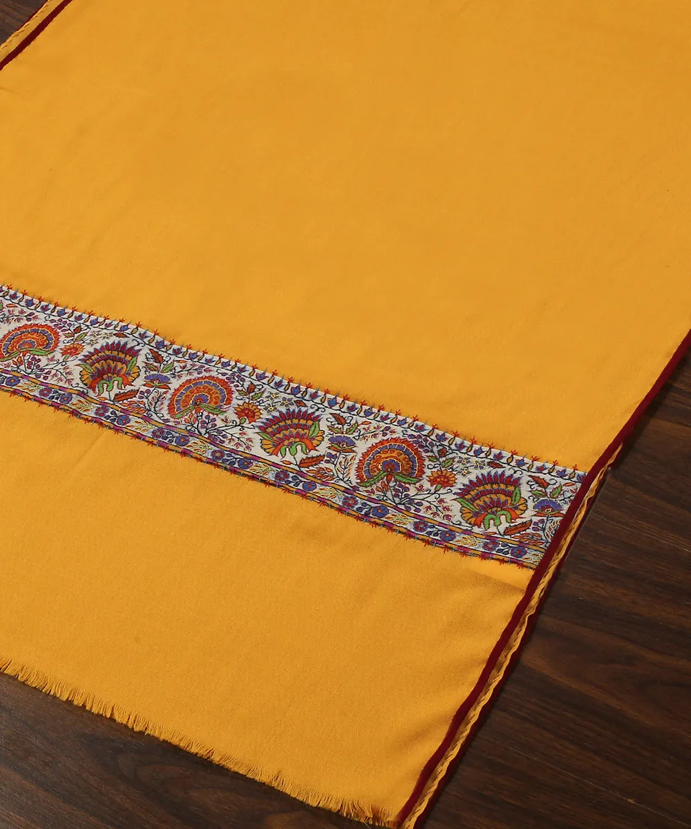 Mango Yellow Handwoven Pure Pashmina Stole With Hand Appliqued Kashidakari Border