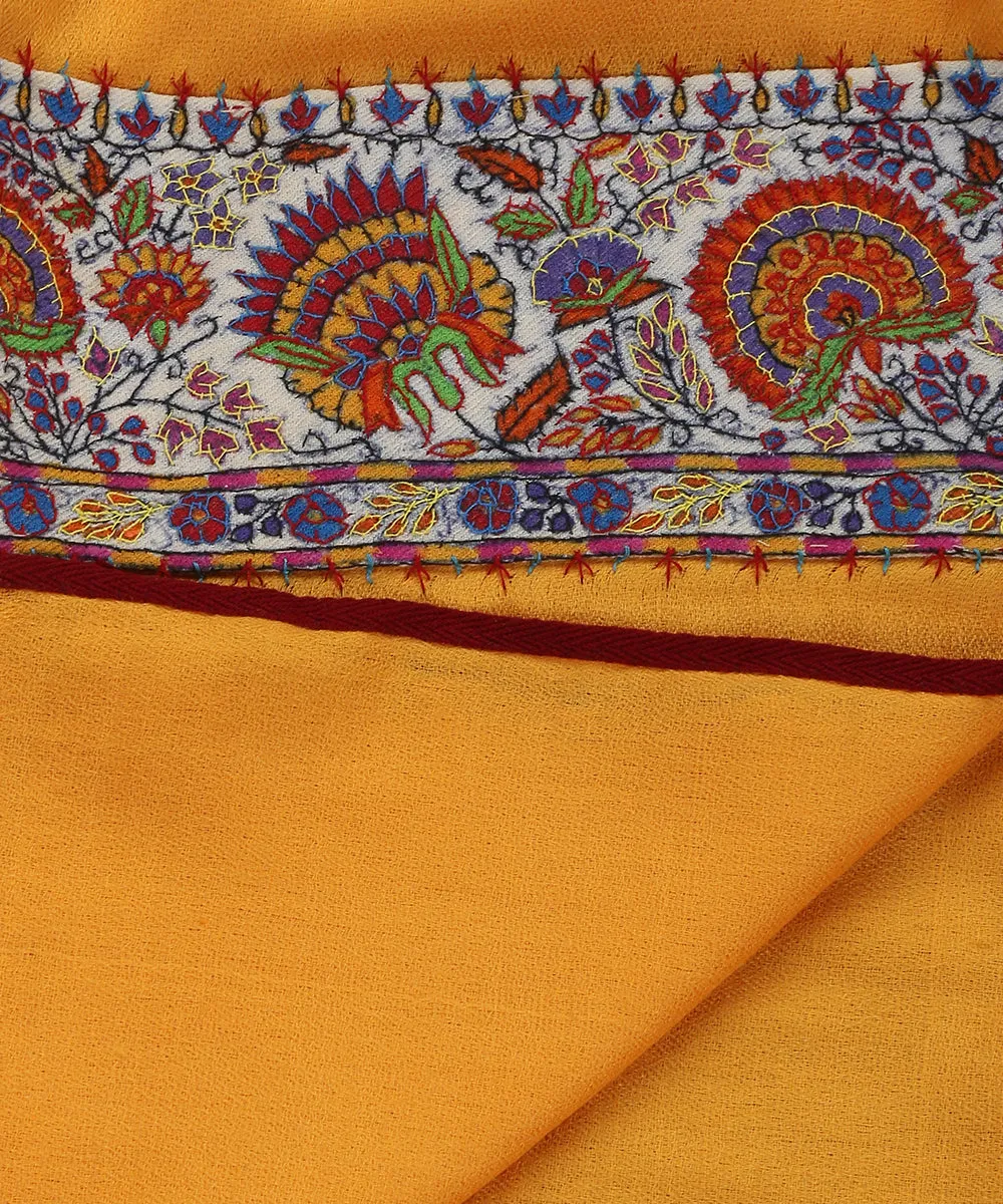 Mango Yellow Handwoven Pure Pashmina Stole With Hand Appliqued Kashidakari Border