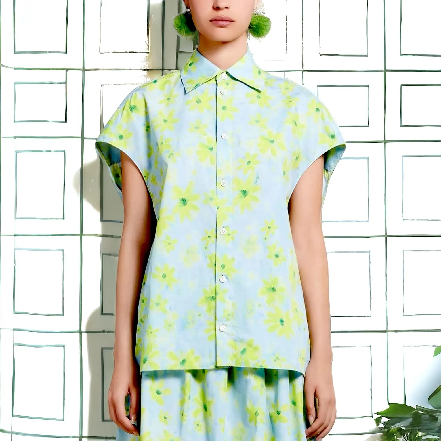 MARNI  |Light green poplin cocoon shirt with Parade print