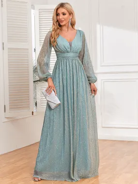 Maxi Sequins Dresses Pleated V-Neck Illusion Sleeves Prom Dress