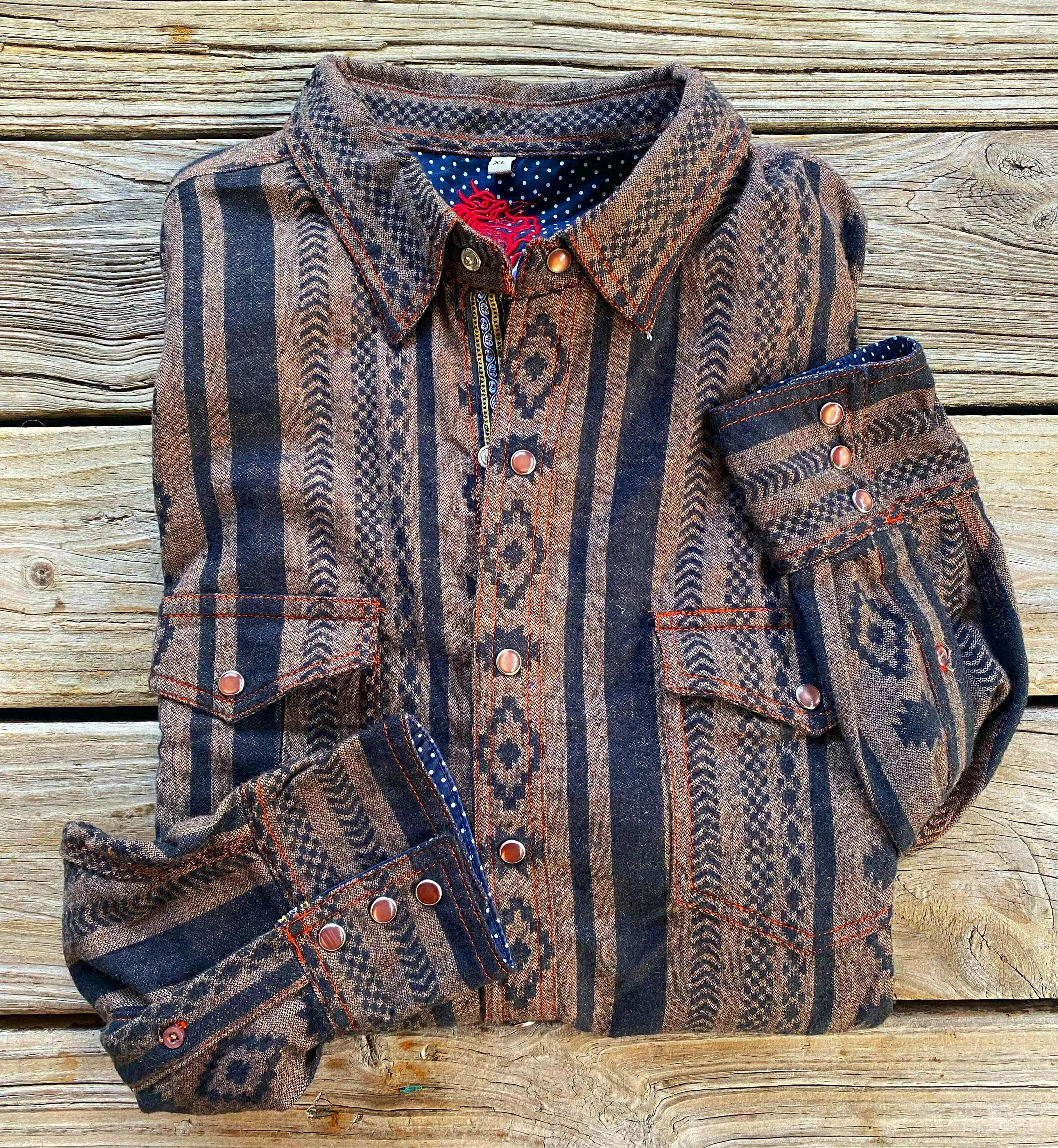 Men's Brown Diamond Stripe Southwestern Print Pearl Snap Flannel Shirt (DS)