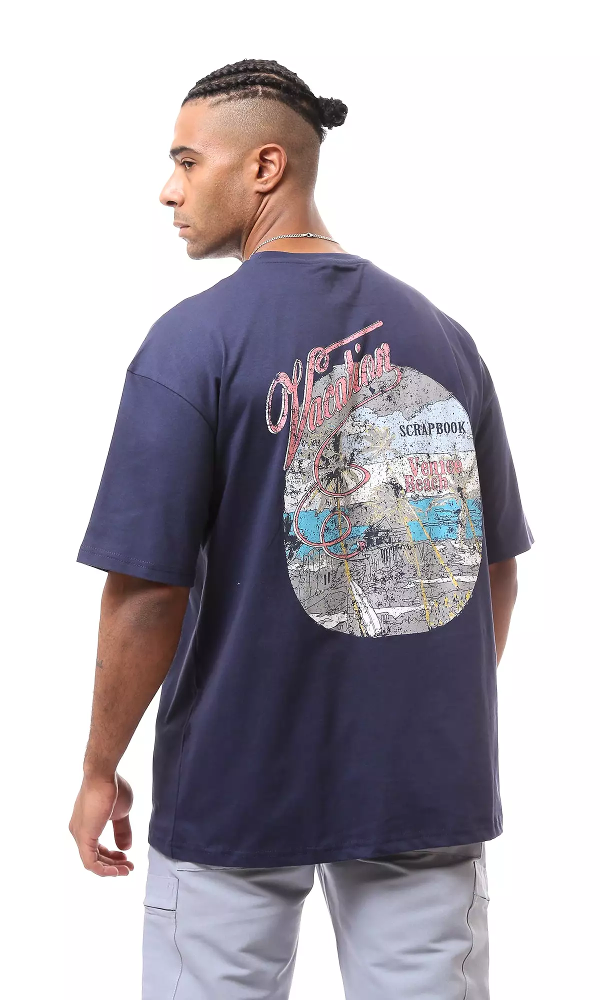 O163379 Front & Back Print Navy Blue Cotton Tee