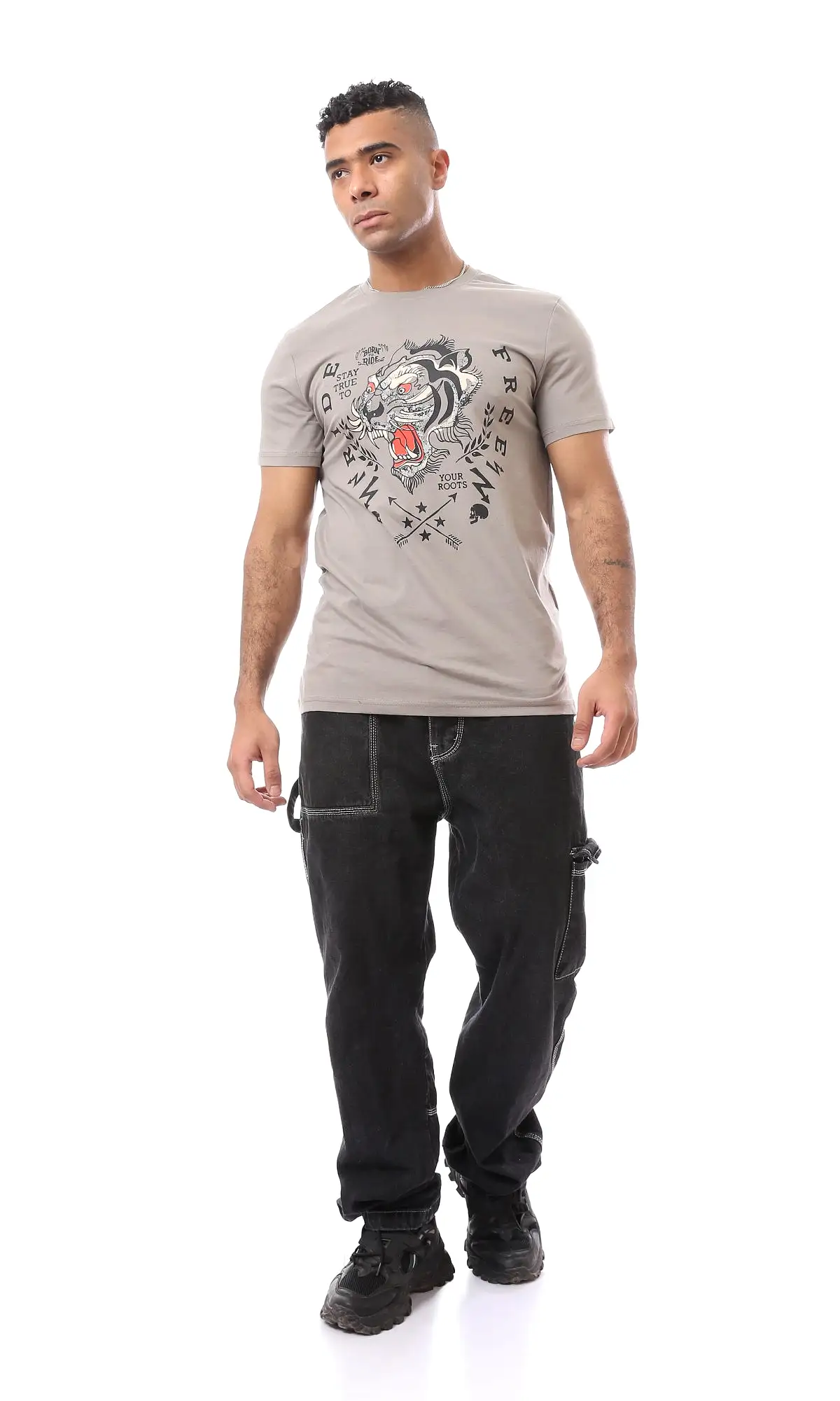 O167308 Tiger Ride Free Front & Back Printed Light Taupe Tee