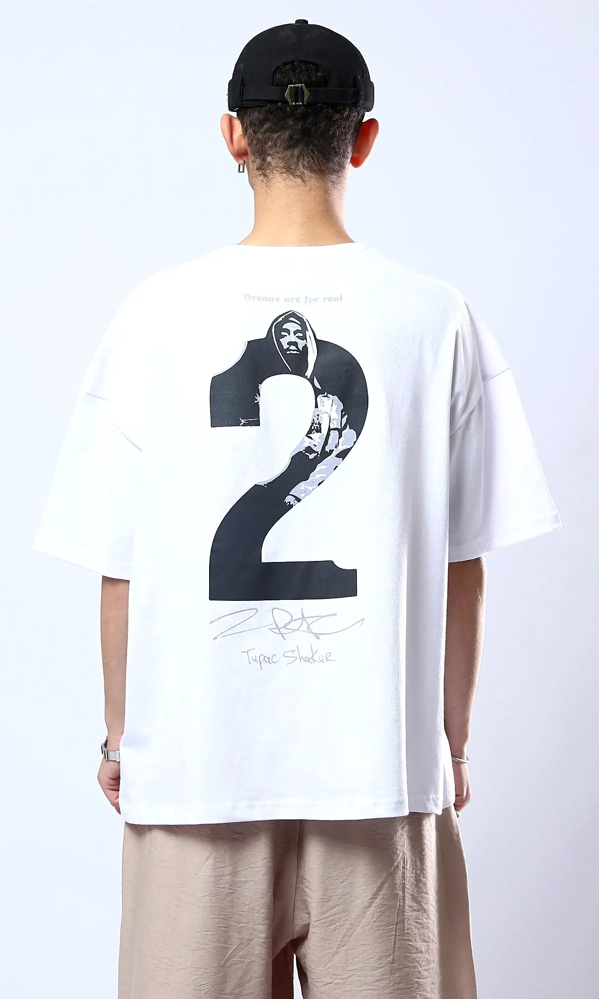 O178403 Front Print & Back Elbow Sleeves Cotton White Tee