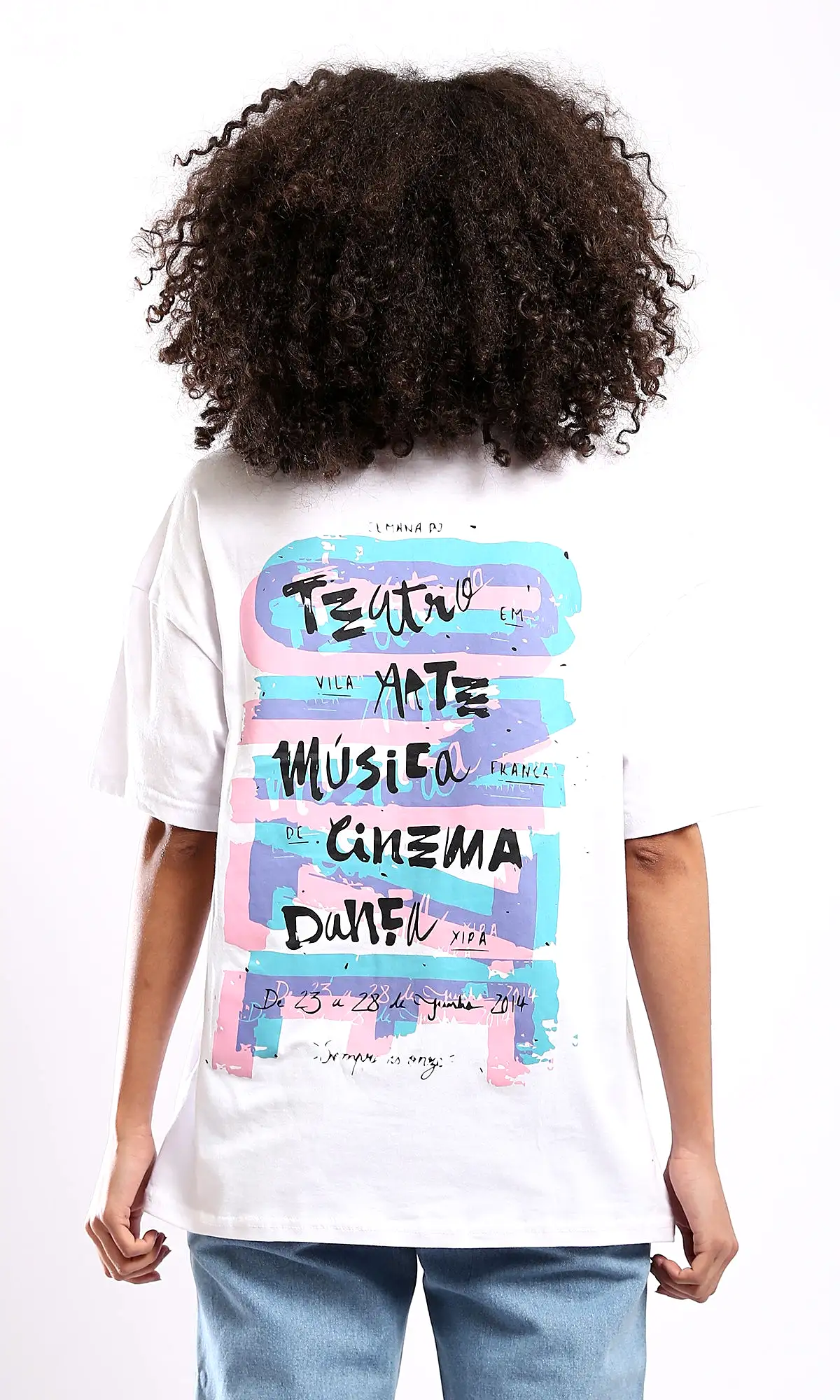 O178405 White Front Print & Back Cotton Casual Tee