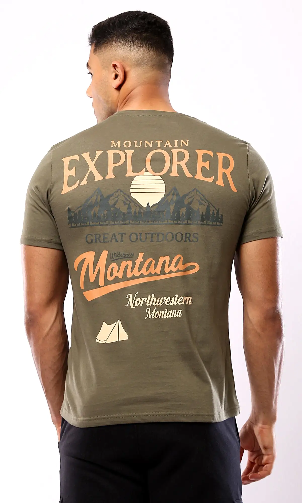 O179024 Dark Olive Tee With Mountain Explorer Back Print