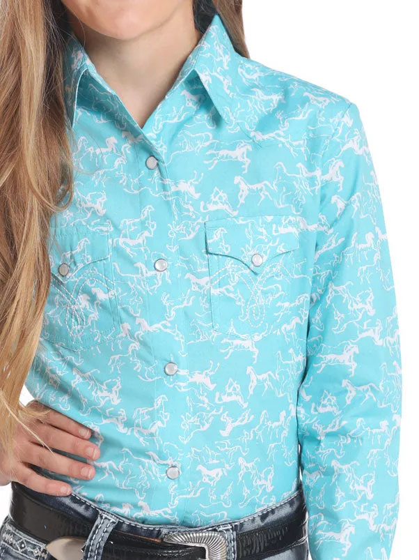 Panhandle C6S4410 Kids Long Sleeve Horse Print Snap Shirt Light Blue