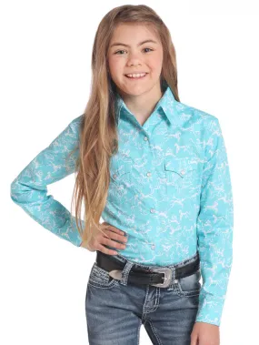 Panhandle C6S4410 Kids Long Sleeve Horse Print Snap Shirt Light Blue