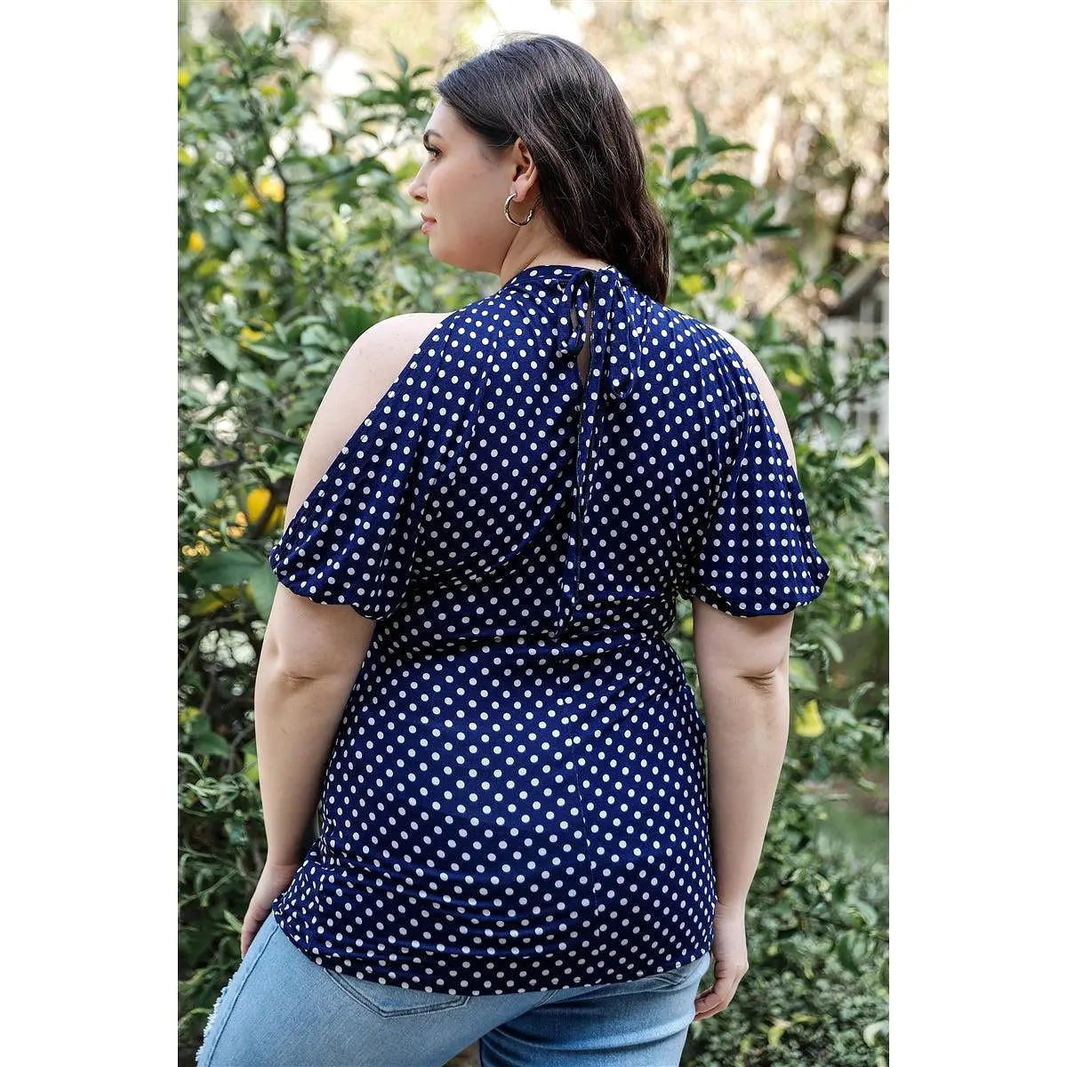 Plus Polka Dot Cold Shoulder Short Sleeve Back Self-tie Top