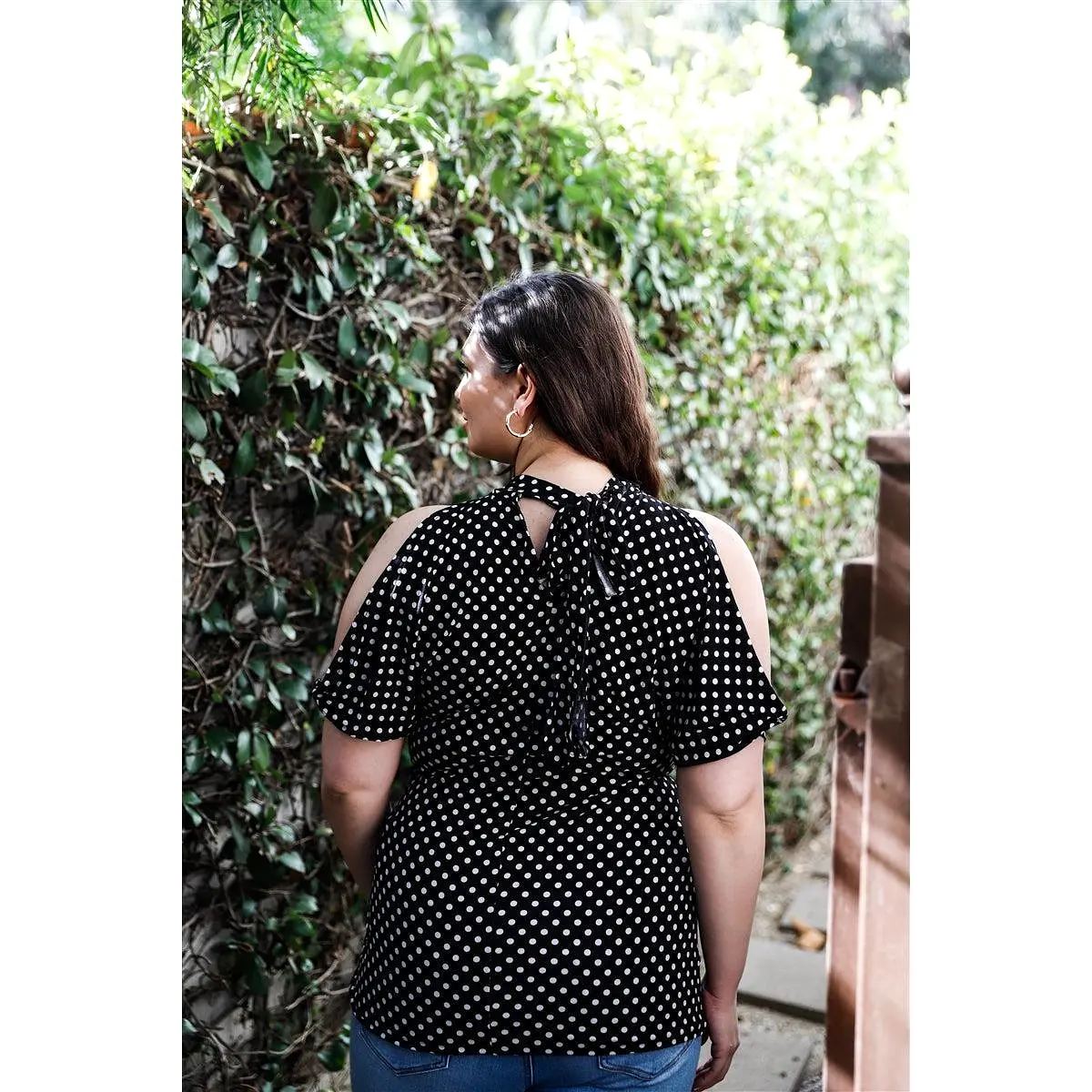 Plus Polka Dot Cold Shoulder Short Sleeve Back Self-tie Top