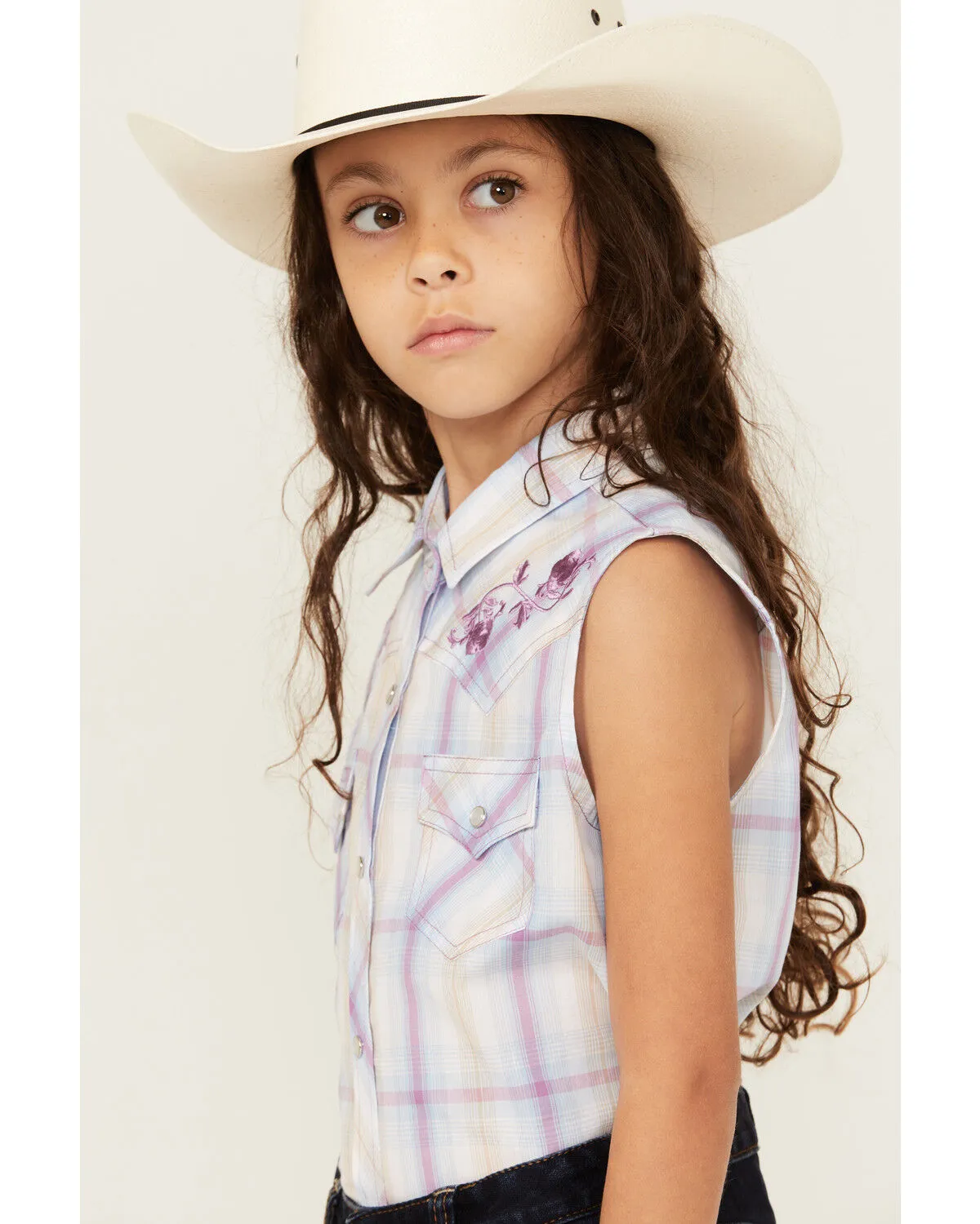 Product Name:  Ely Walker Girls' Plaid Print Embroidered Sleeveless Pearl Snap Western Shirt