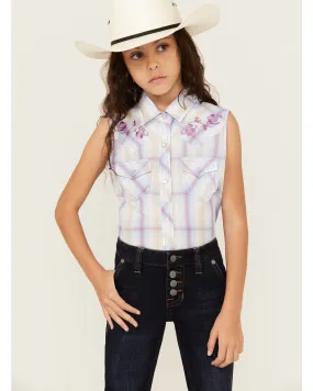 Product Name:  Ely Walker Girls' Plaid Print Embroidered Sleeveless Pearl Snap Western Shirt