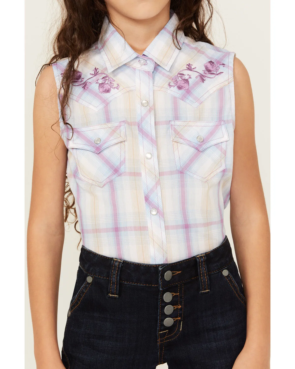 Product Name:  Ely Walker Girls' Plaid Print Embroidered Sleeveless Pearl Snap Western Shirt