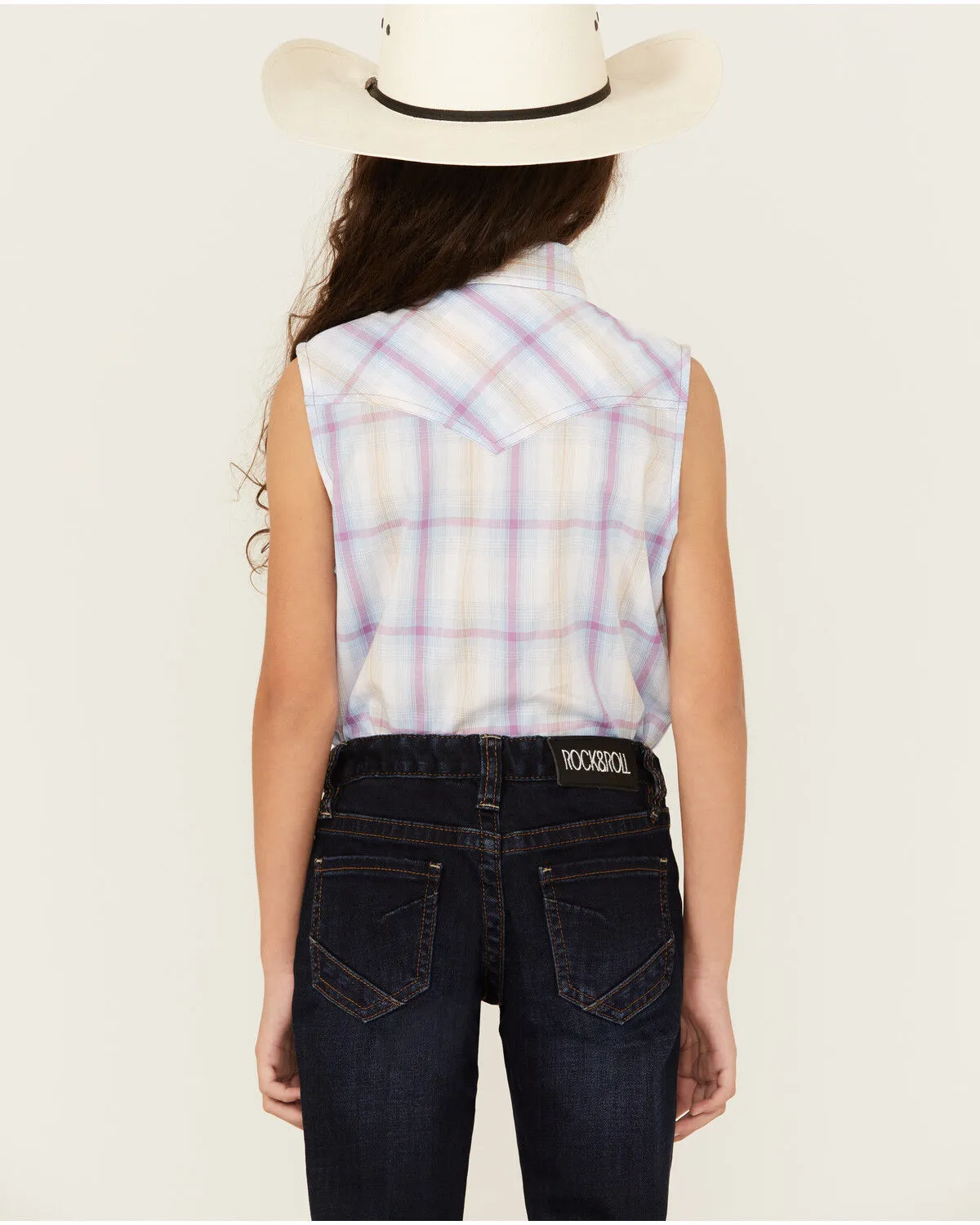 Product Name:  Ely Walker Girls' Plaid Print Embroidered Sleeveless Pearl Snap Western Shirt