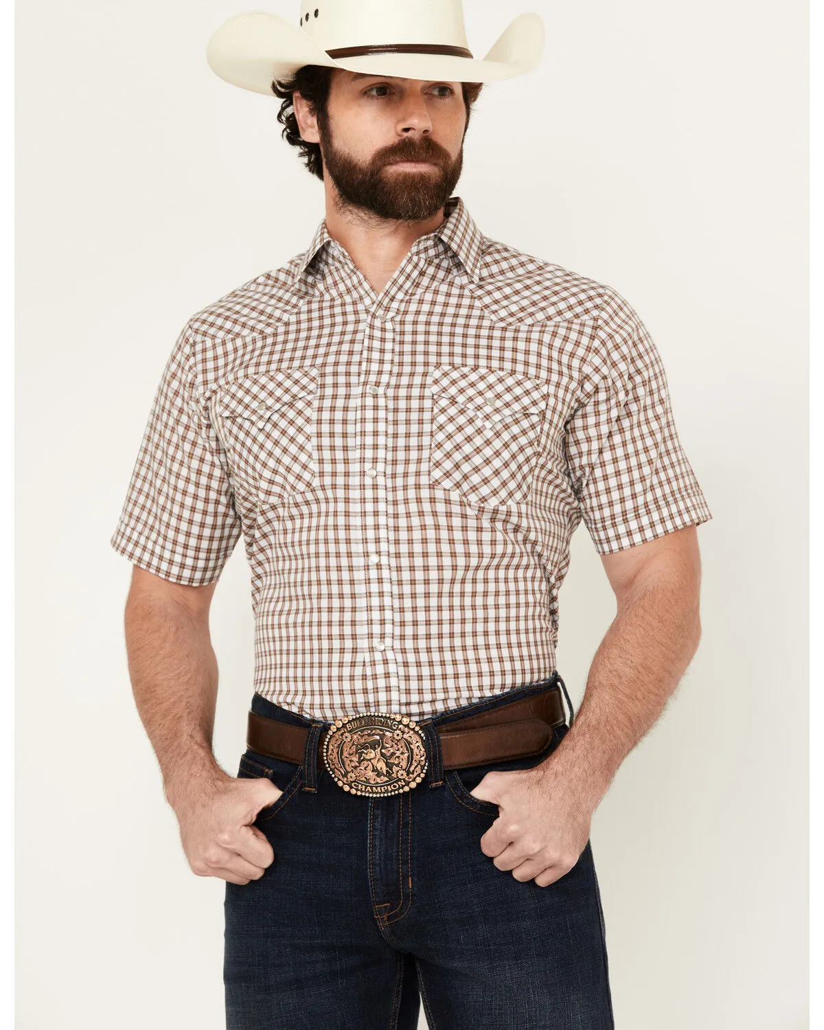 Product Name:  Ely Walker Men's Checkered Print Short Sleeve Snap Western Shirt