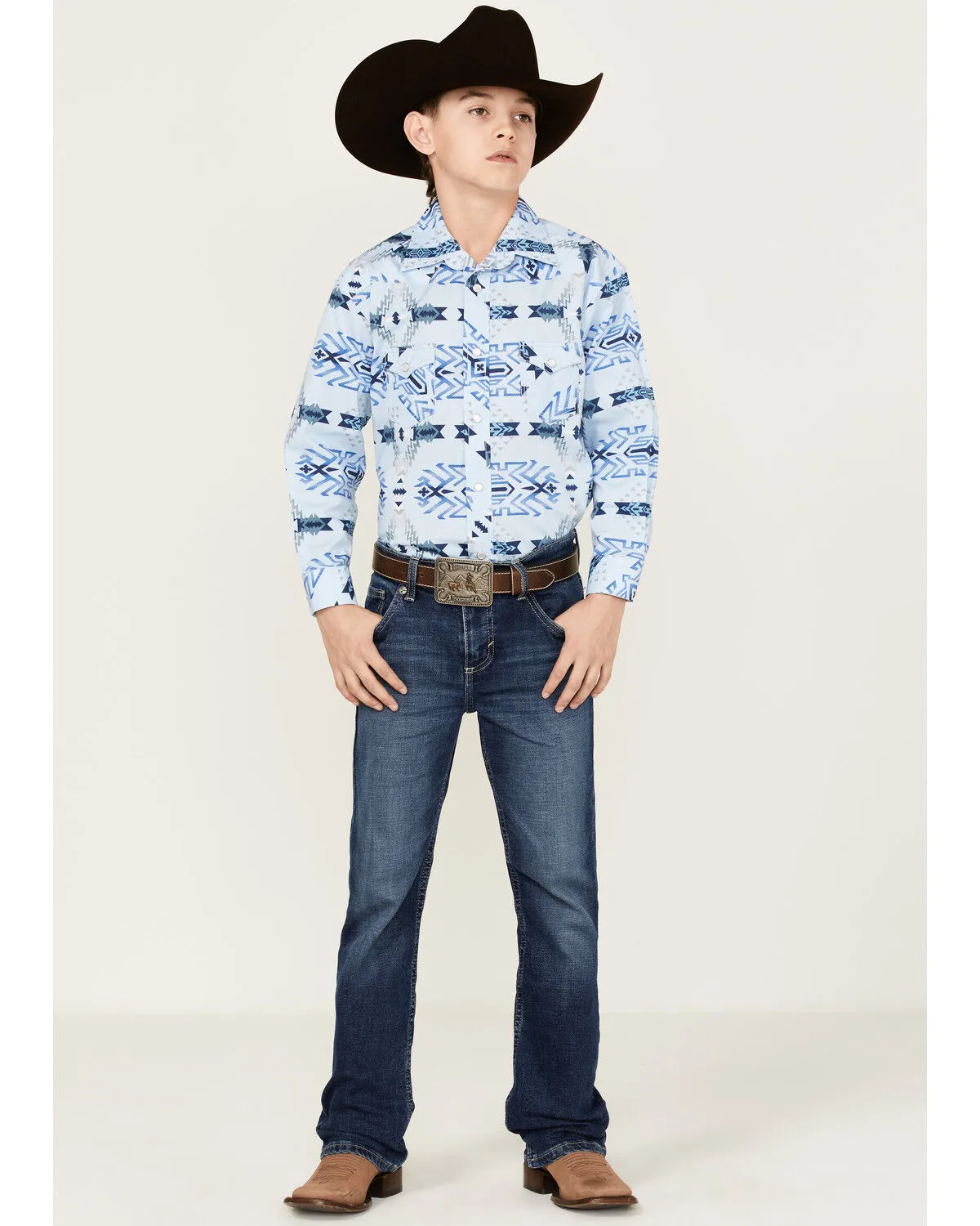 Product Name:  Rock & Roll Denim Boys' Southwestern Print Long Sleeve Stretch Pearl Snap Western Shirt