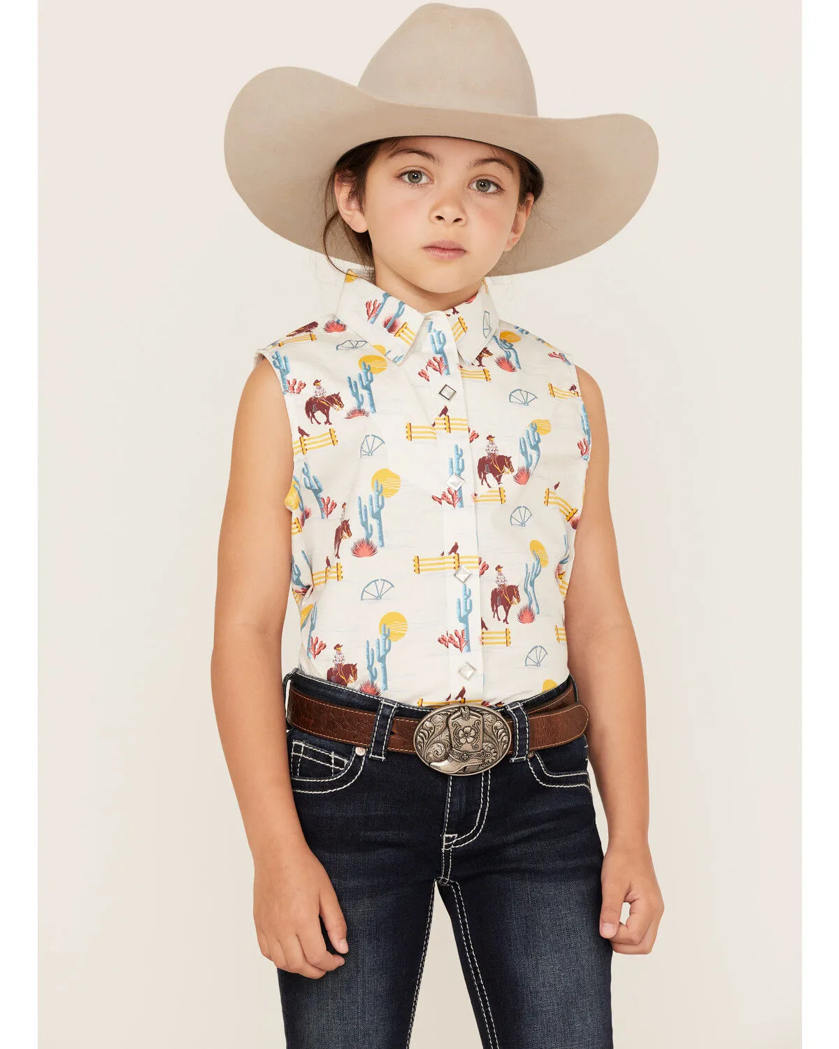 Product Name:  Rock & Roll Denim Girls' Cowboy Horse Print Sleeveless Western Snap Shirt