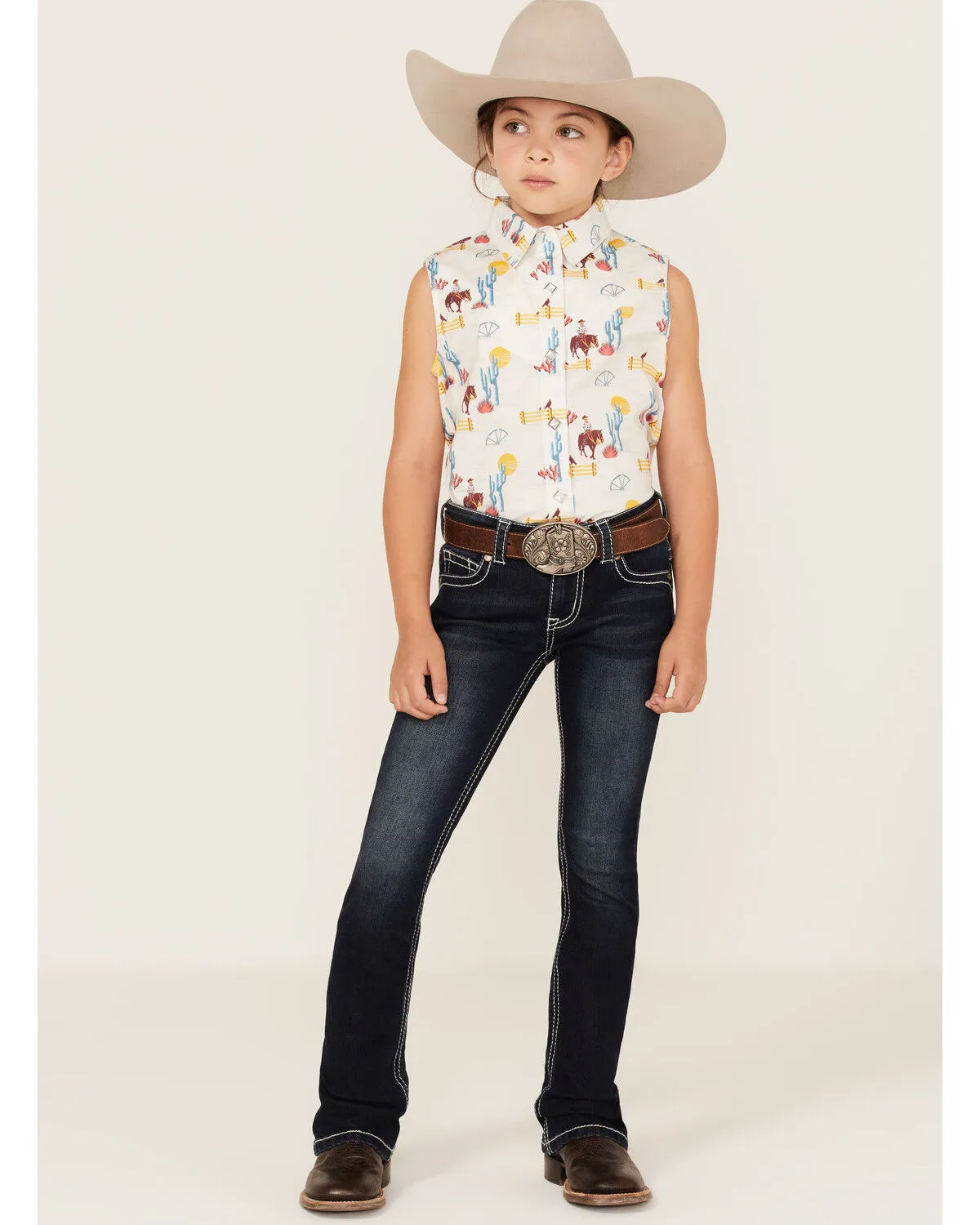 Product Name:  Rock & Roll Denim Girls' Cowboy Horse Print Sleeveless Western Snap Shirt