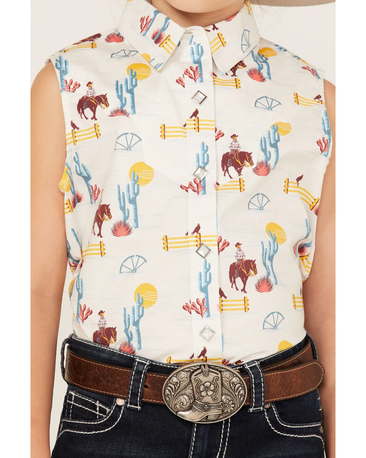 Product Name:  Rock & Roll Denim Girls' Cowboy Horse Print Sleeveless Western Snap Shirt