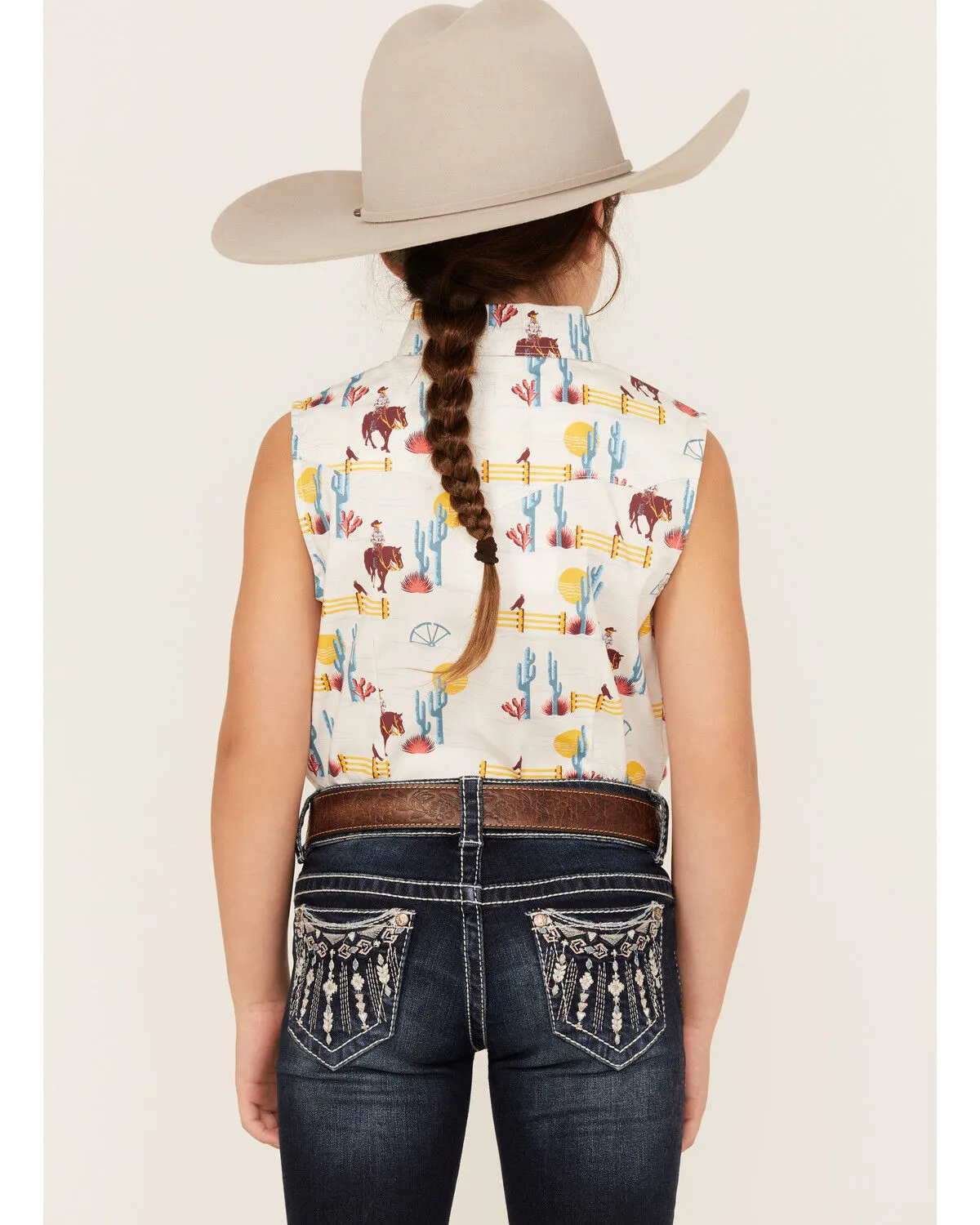 Product Name:  Rock & Roll Denim Girls' Cowboy Horse Print Sleeveless Western Snap Shirt