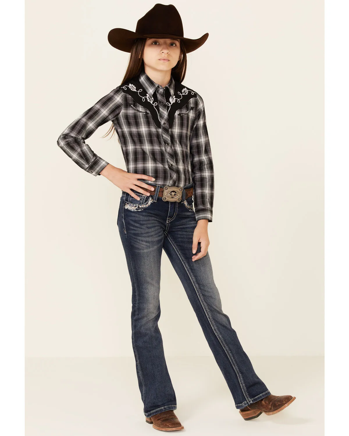 Product Name:  Roper Girls' Plaid Print Fancy Applique Yoke Long Sleeve Snap Western Shirt