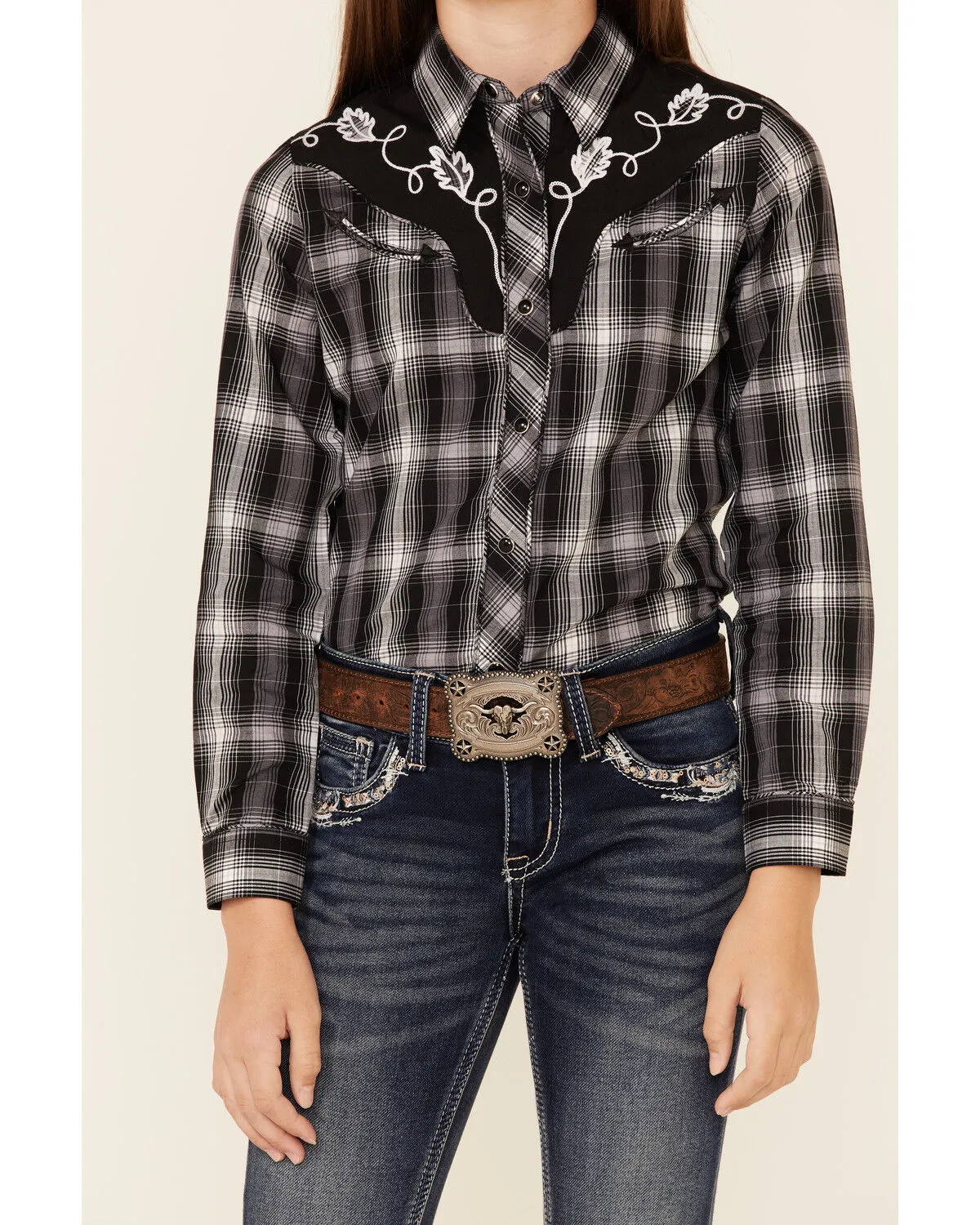 Product Name:  Roper Girls' Plaid Print Fancy Applique Yoke Long Sleeve Snap Western Shirt