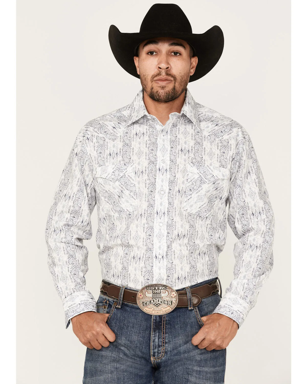 Product Name:  Rough Stock By Panhandle Men's Stretch Vertical Paisley Print Long Sleeve Pearl Snap Western Shirt