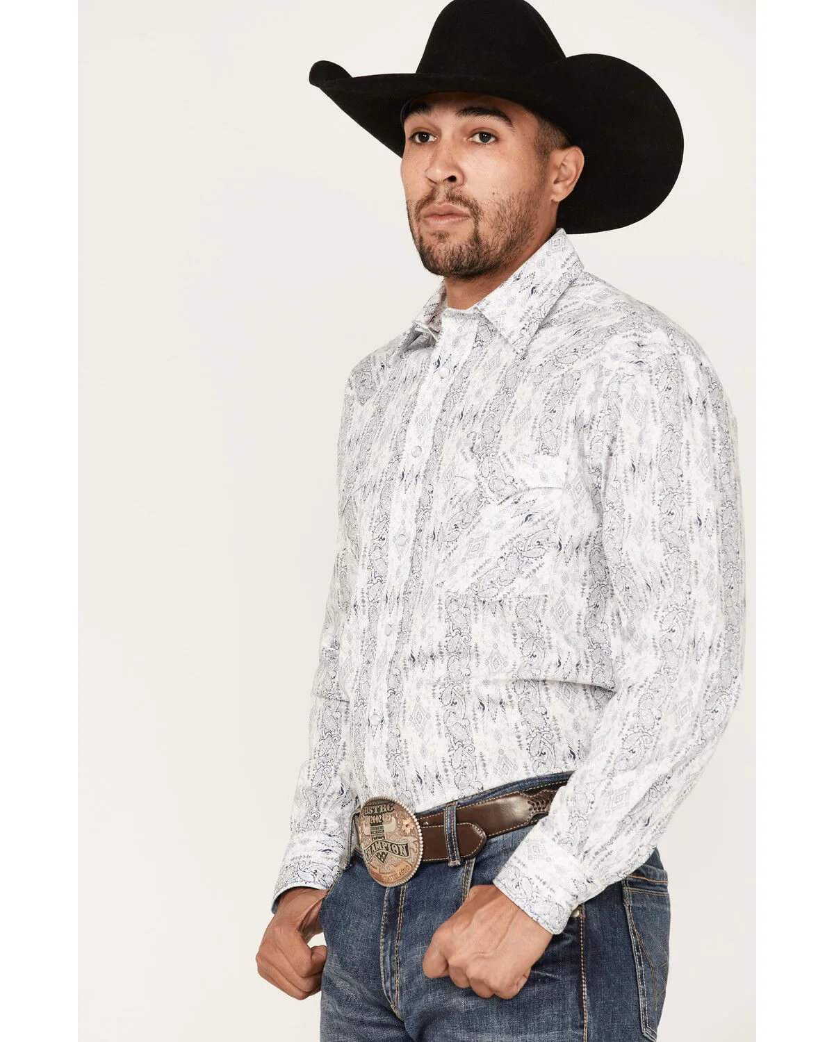 Product Name:  Rough Stock By Panhandle Men's Stretch Vertical Paisley Print Long Sleeve Pearl Snap Western Shirt