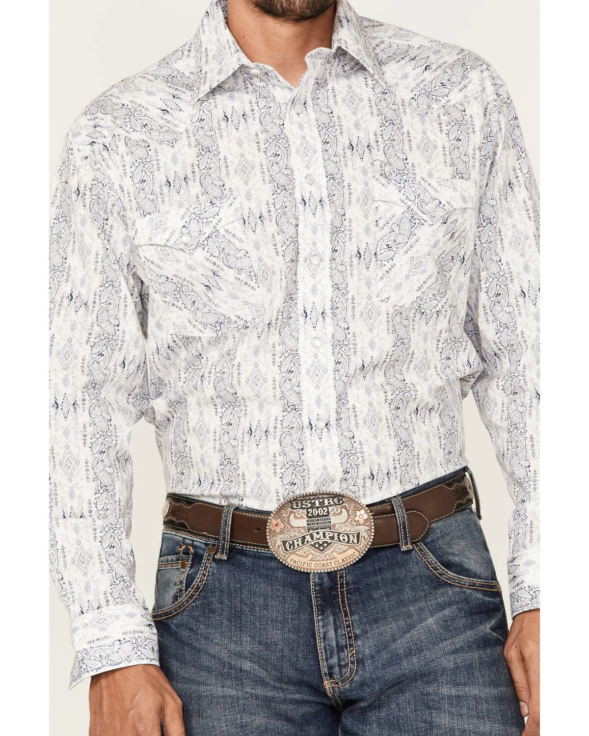 Product Name:  Rough Stock By Panhandle Men's Stretch Vertical Paisley Print Long Sleeve Pearl Snap Western Shirt