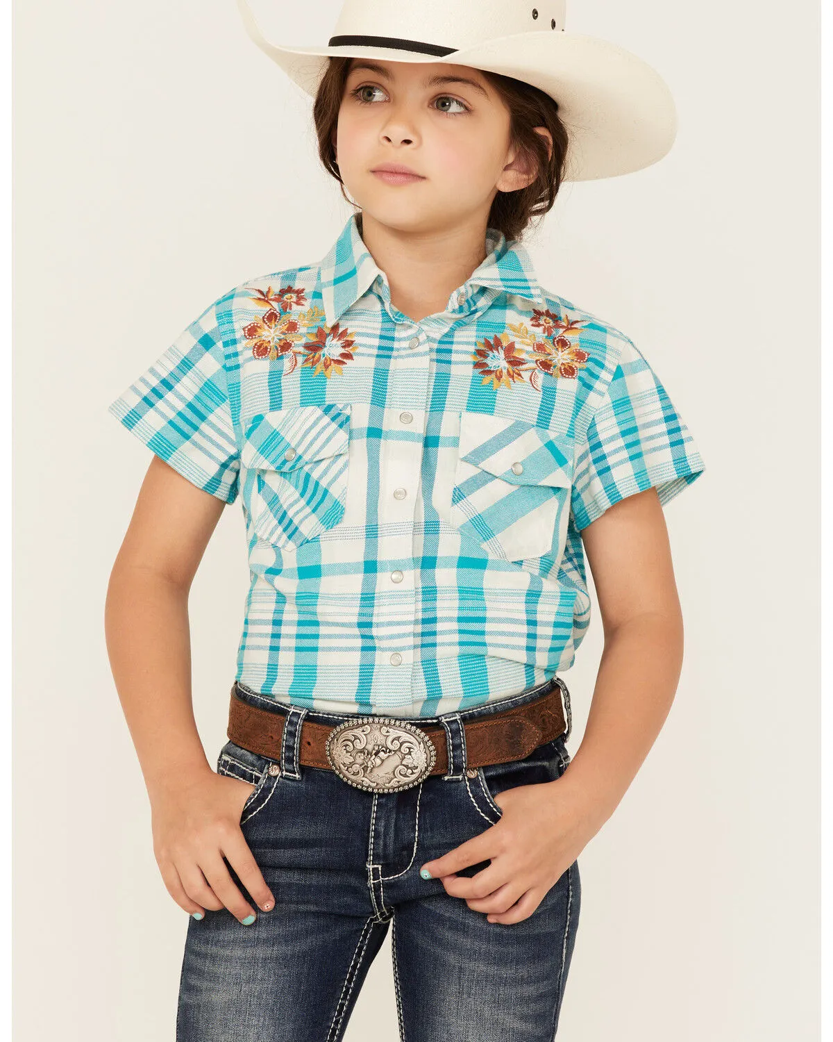 Product Name:  Shyanne Girls' Embroidered Plaid Print Short Sleeve Pearl Snap Shirt