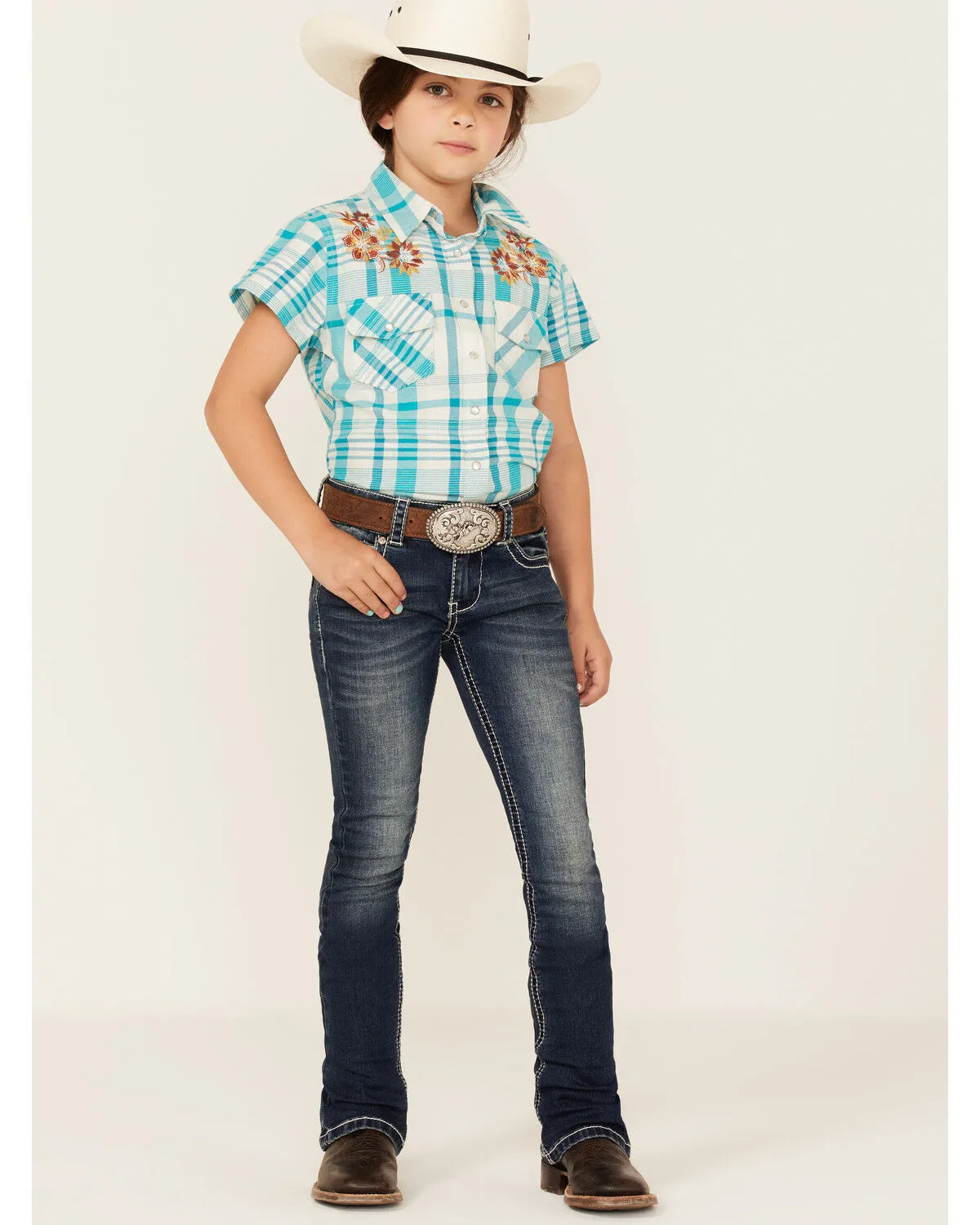 Product Name:  Shyanne Girls' Embroidered Plaid Print Short Sleeve Pearl Snap Shirt