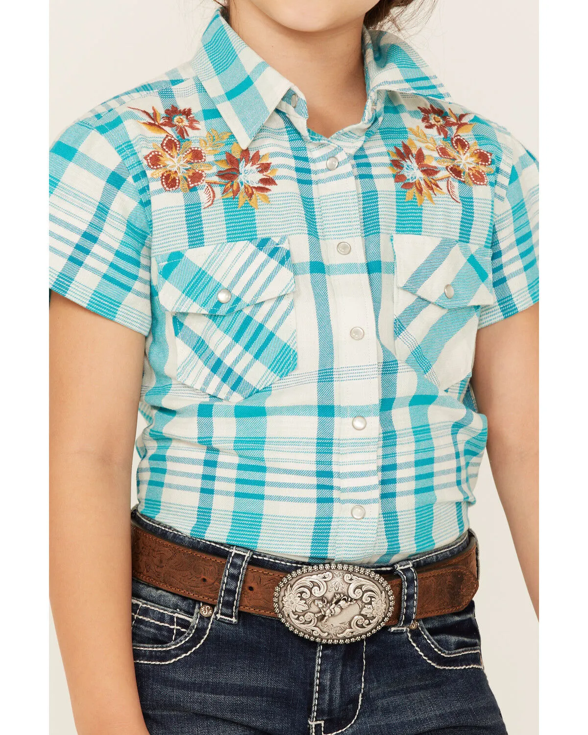 Product Name:  Shyanne Girls' Embroidered Plaid Print Short Sleeve Pearl Snap Shirt