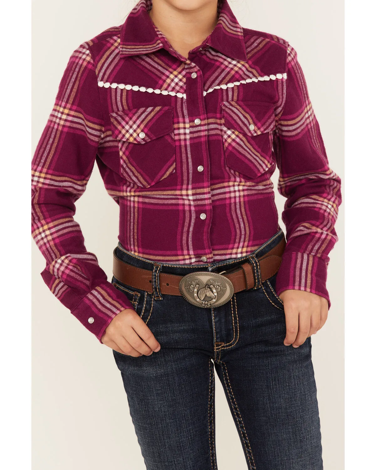 Product Name:  Shyanne Girls' Plaid Print Flannel Long Sleeve Western Pearl Snap Shirt