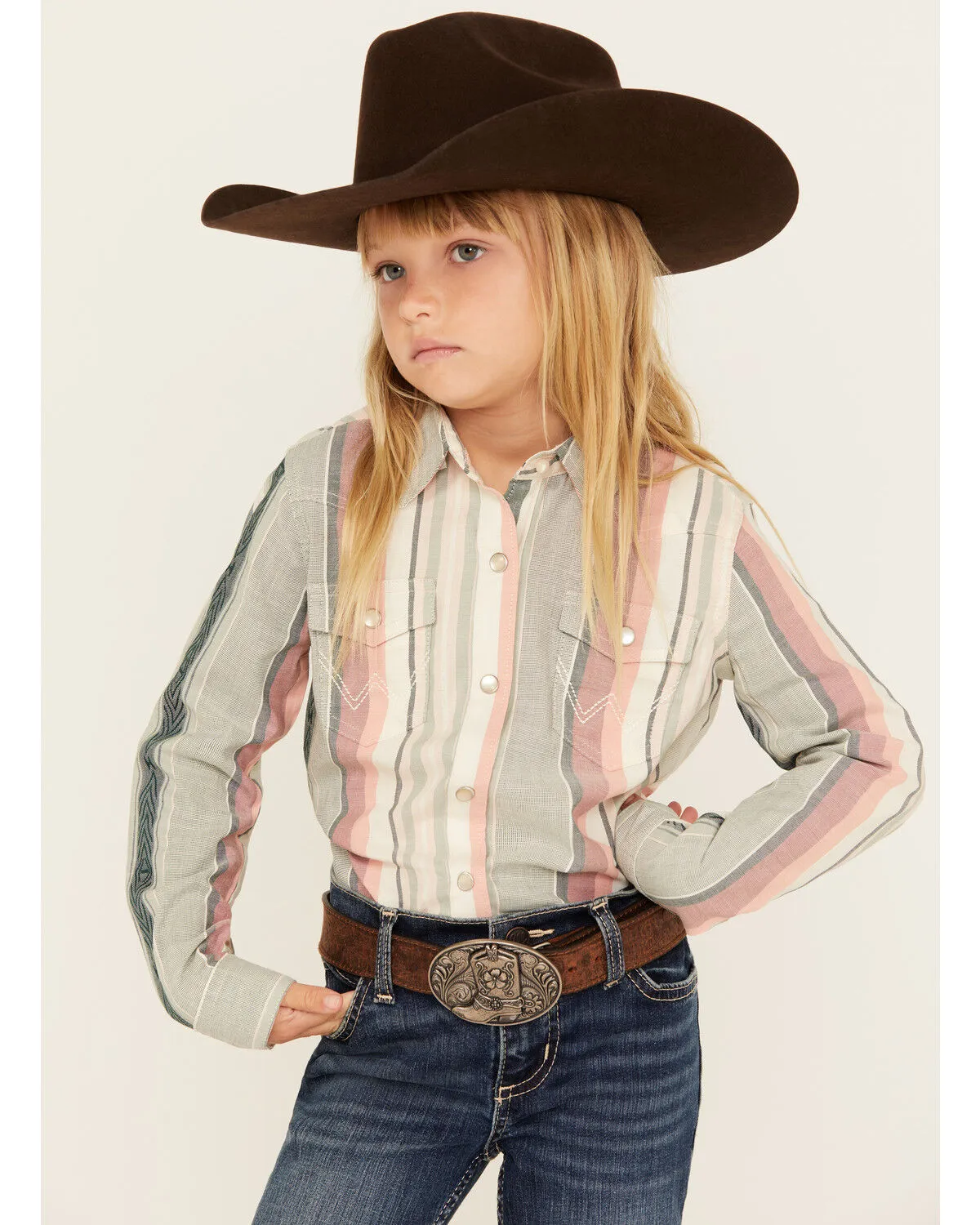 Product Name:  Wrangler Girl's Serape Striped Print Long Sleeve Pearl Snap Western Shirt