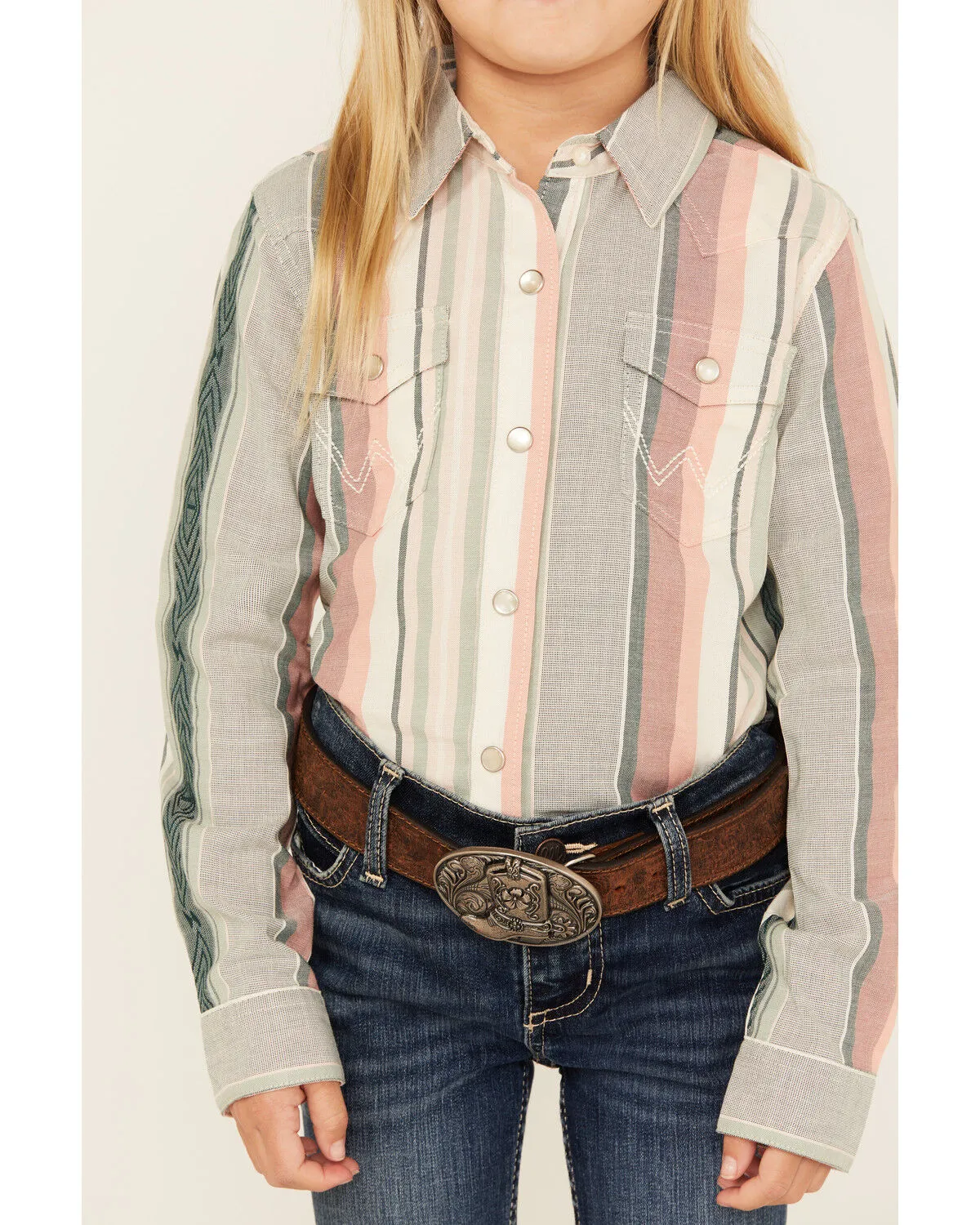 Product Name:  Wrangler Girl's Serape Striped Print Long Sleeve Pearl Snap Western Shirt