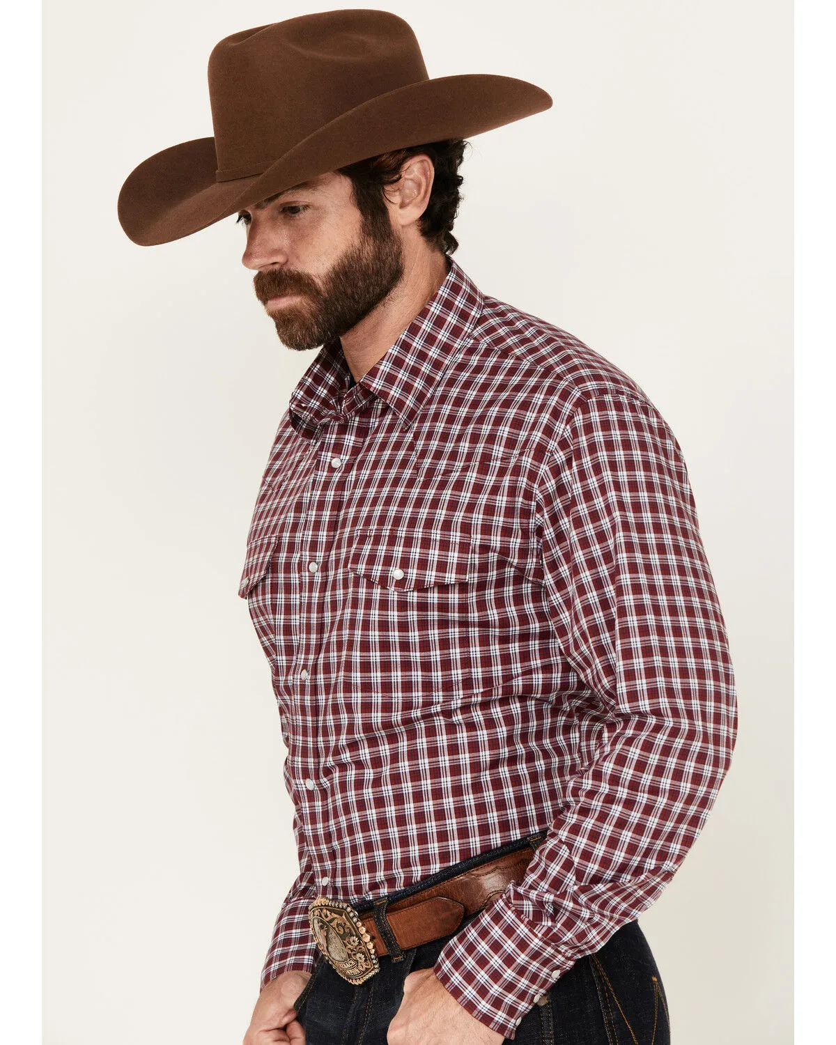 Product Name:  Wrangler Men's Wrinkle Resistant Plaid Print Long Sleeve Snap Stretch Western Shirt