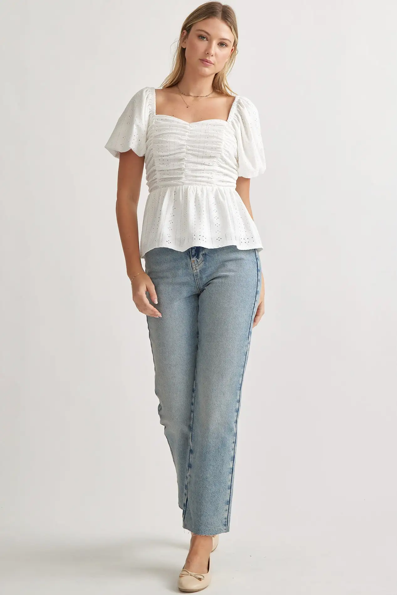 Puff Sleeve Eyelet Sweetheart Neckline Top