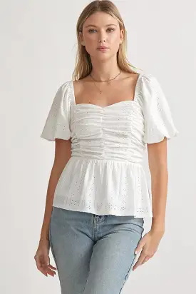 Puff Sleeve Eyelet Sweetheart Neckline Top