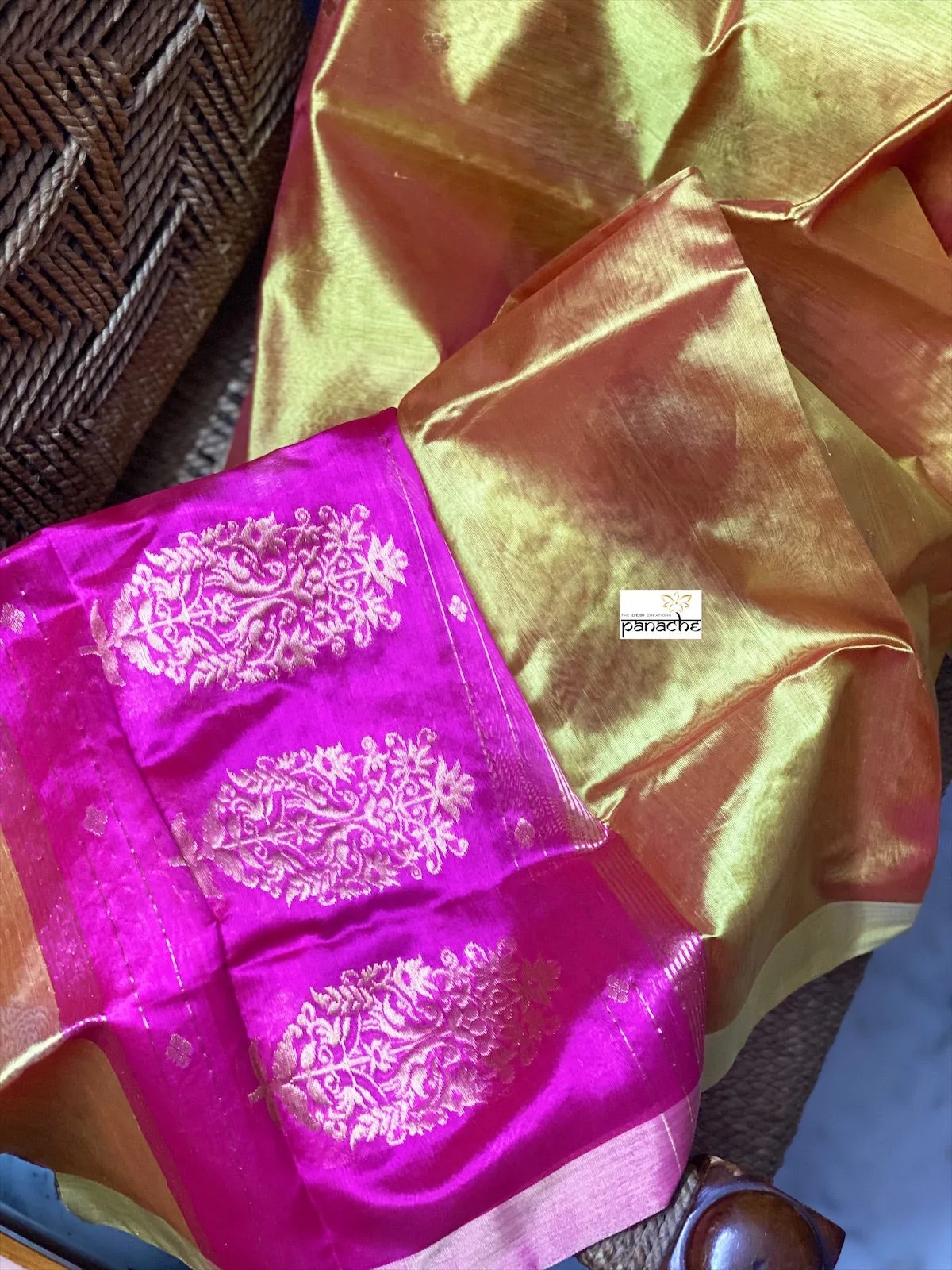 Pure Silk Chanderi Dupatta - Yellow Pink Handwoven