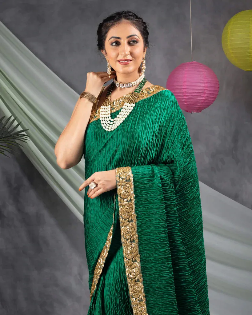 Sacramento Green Plain Pleated Japan Satin Saree With Sequins Lace Border