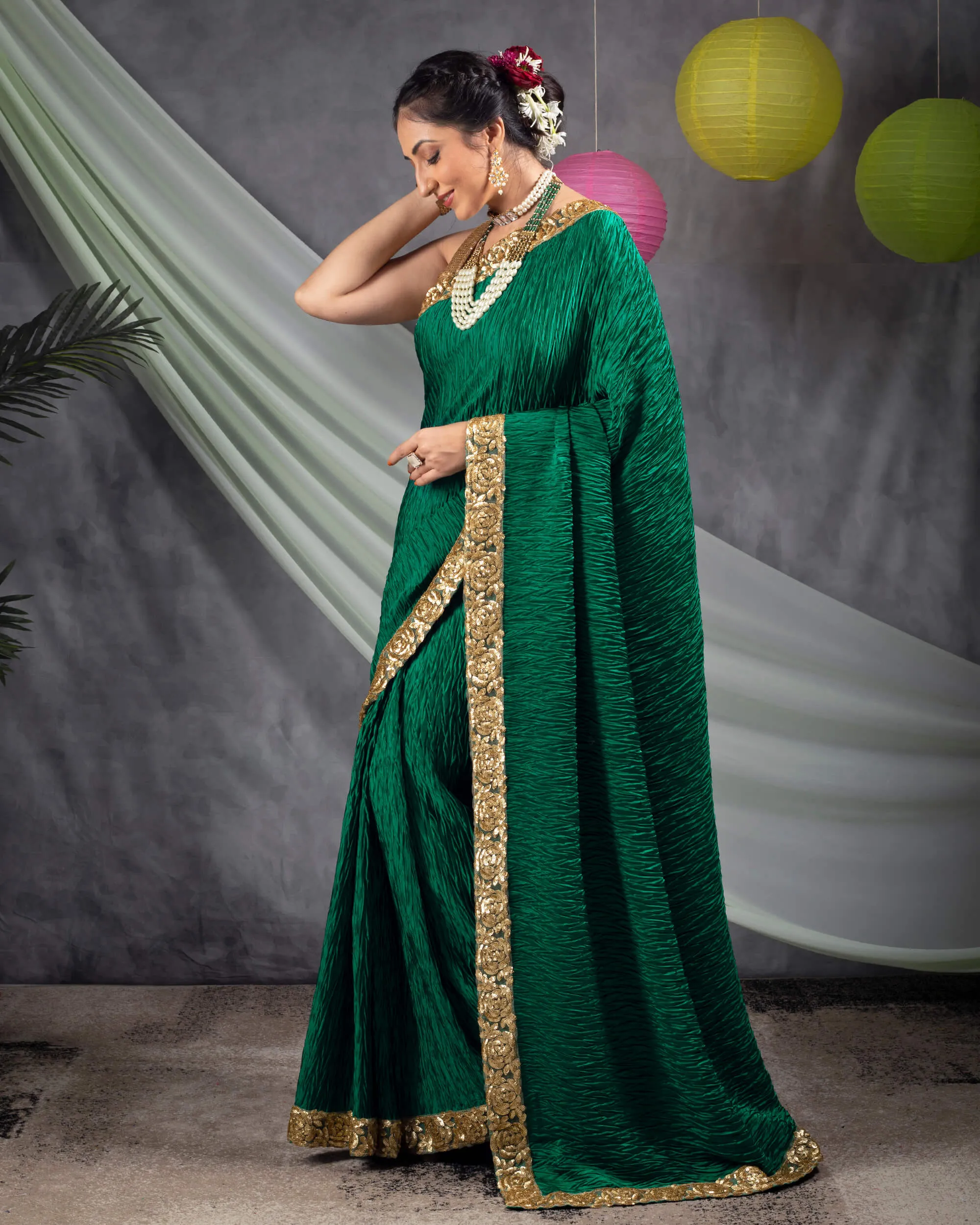 Sacramento Green Plain Pleated Japan Satin Saree With Sequins Lace Border