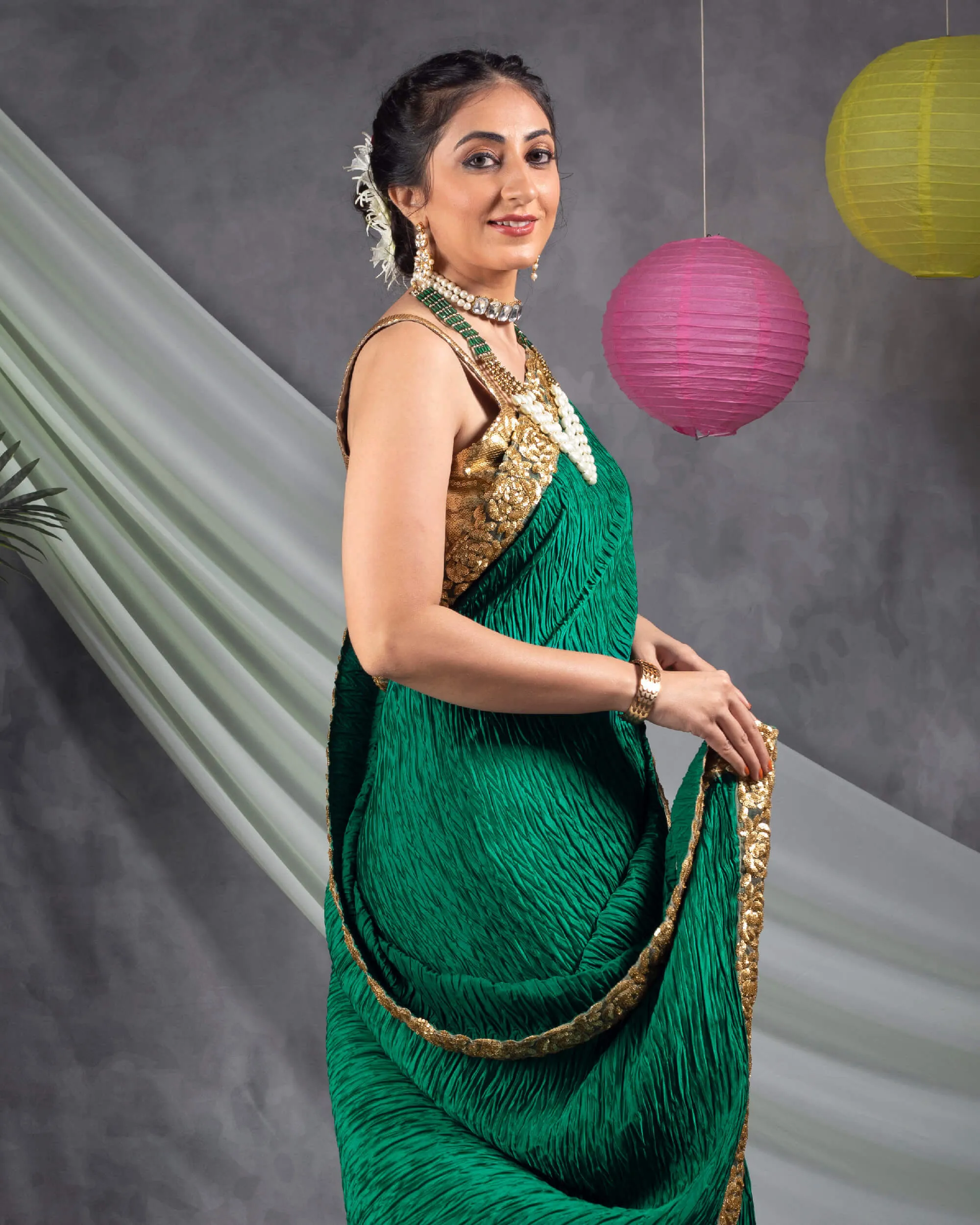 Sacramento Green Plain Pleated Japan Satin Saree With Sequins Lace Border